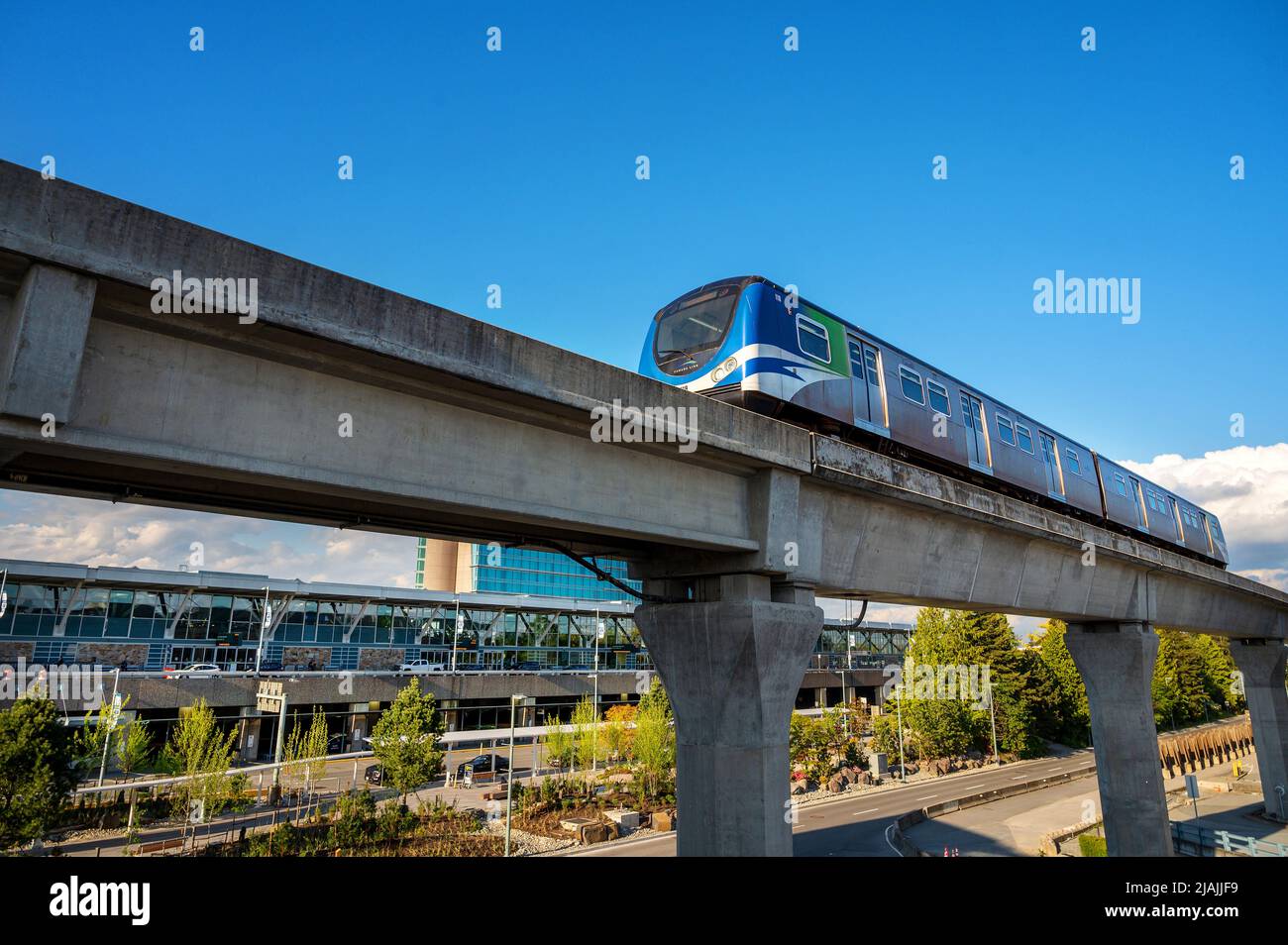 The Canada Line transit train rolls into the International terminal at Vancouver International Airport, or YVR.  Vancouver BC, Canada. Stock Photo