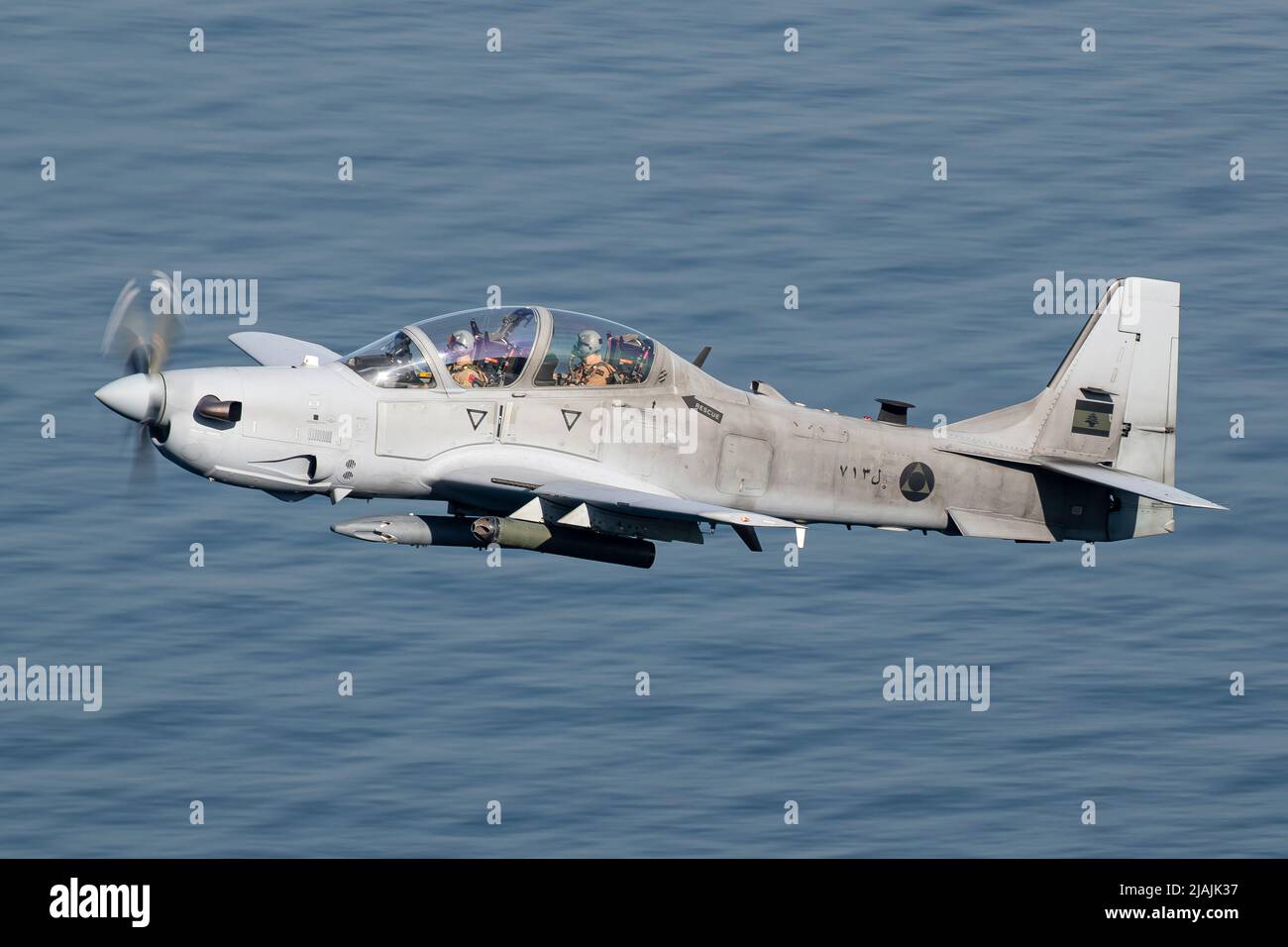 A Lebanese Air Force A29 Super Tucano attack aircraft in flight over the Mediterranean Sea A Lebanese Air Force A29 Super Tucano attack aircraft in flight over the Mediterranean Sea