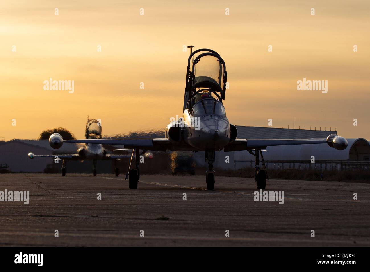 A pair of Spanish Air Force SF-5M Freedom Fighter training jets on the tarmac. Stock Photo