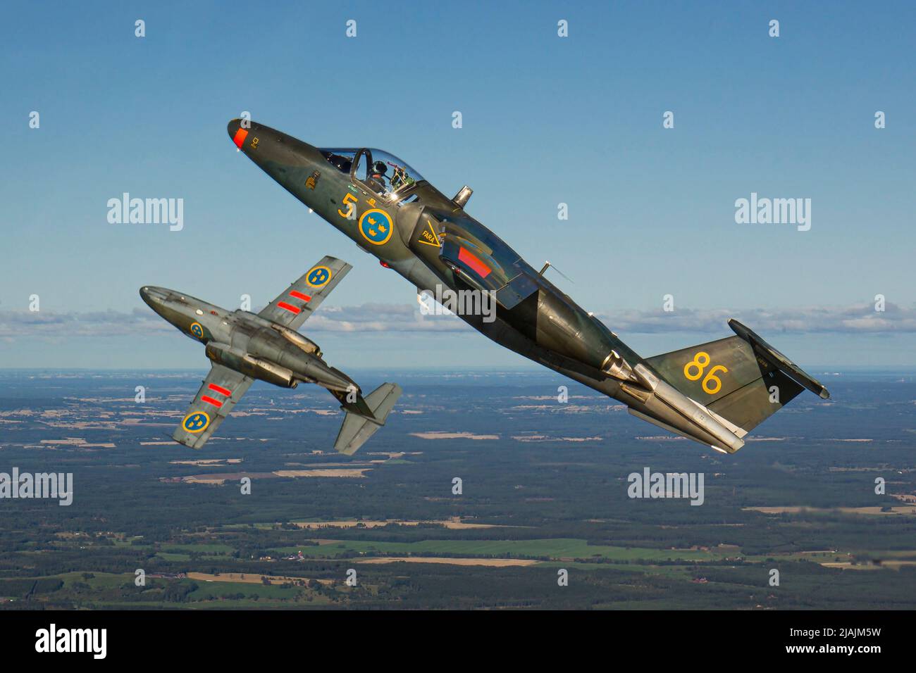 A pair of Swedish Air Force Sk60 training jets on a formation flight. Stock Photo