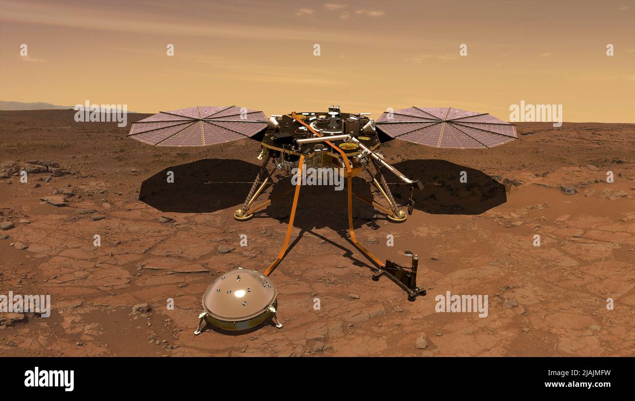 An artist's rendition of the InSight lander operating on the surface of Mars. Stock Photo