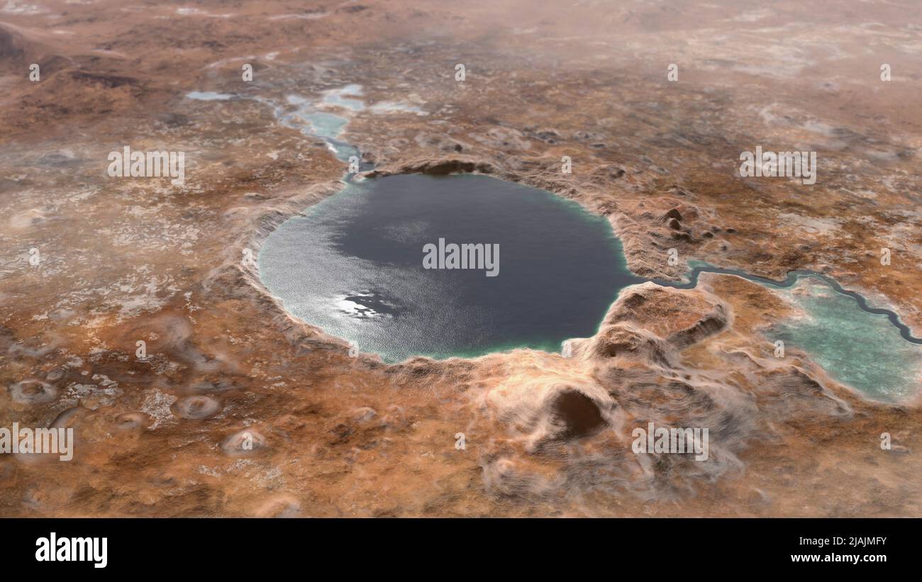 Illustration of Jezero Crater, the landing site of the Mars 2020 Perseverance rover. Stock Photo