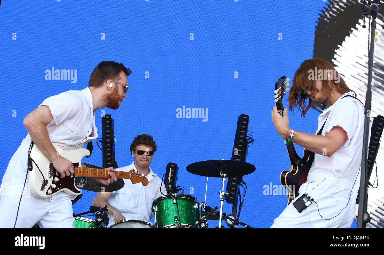 Actor and musician Joe Keery, stage name DJO,  is shown performing on stage during a live concert appearance at the Boston Calling music festival in Allston, Massachusetts on May 29, 2022. Stock Photo