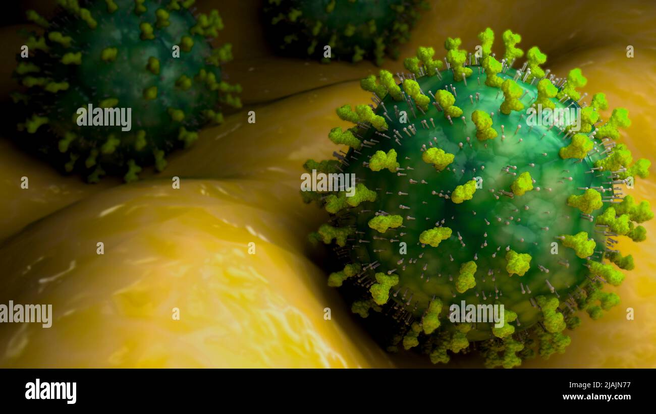 Conceptual biomedical illustration of the Molluscum contagiosum virus on surface. Stock Photo