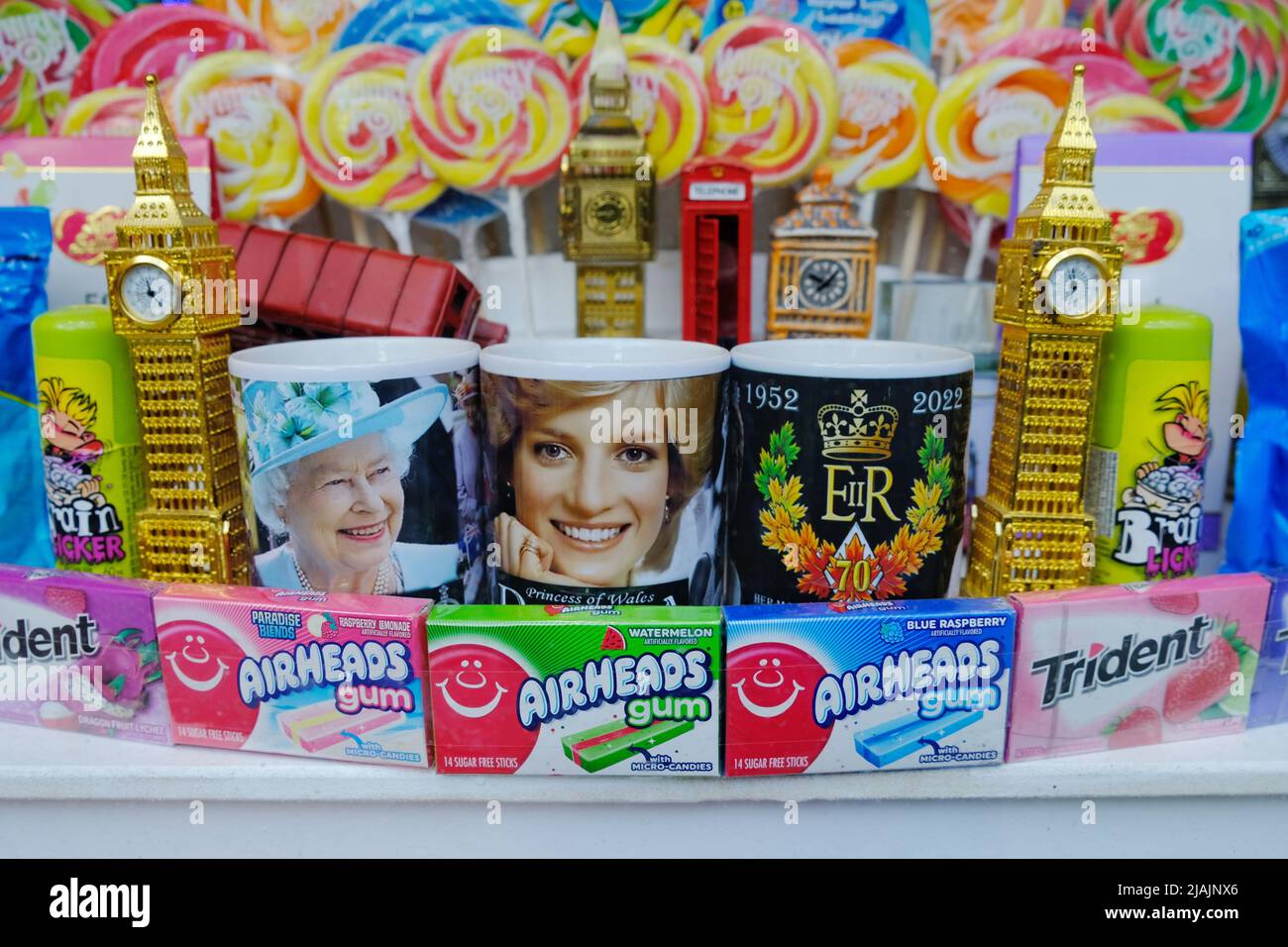 London, UK. A window display in an 'American candy store' in Oxford Street, with sweets and British themed souvenirs Stock Photo