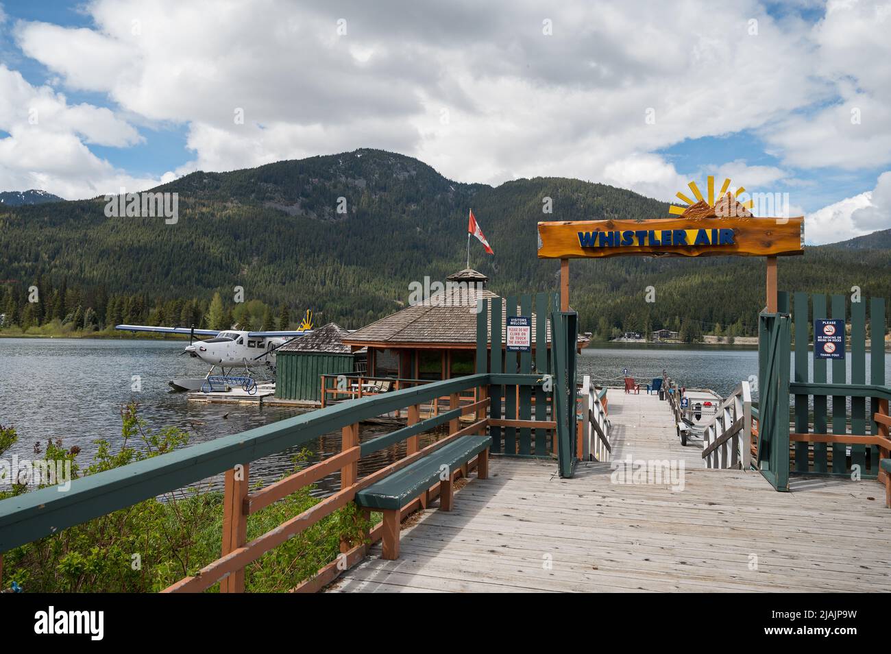 The Whistler Air and Harbour Air float plane base at Green Lake in Whistler BC, Canada. Stock Photo