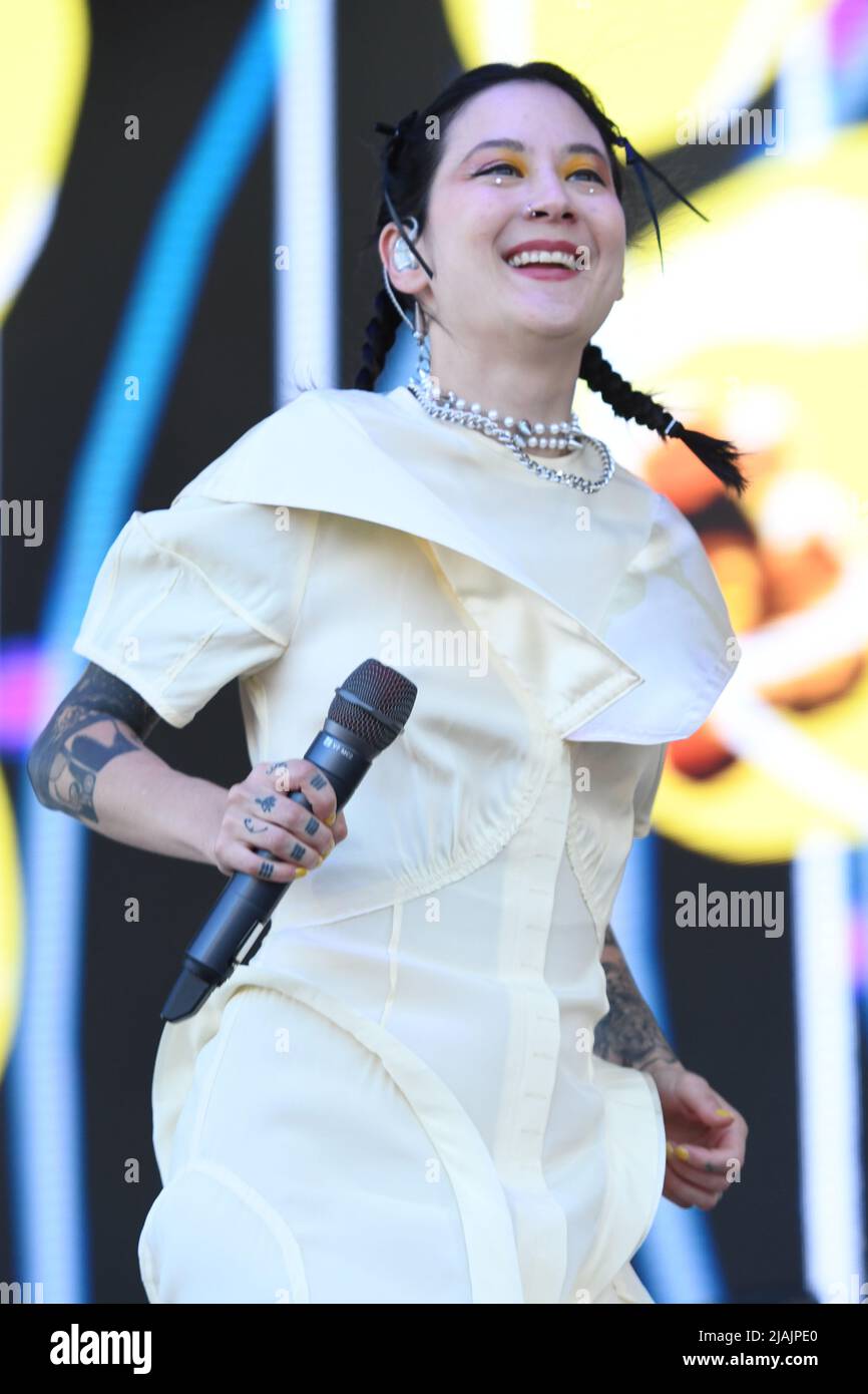 Singer, musician, director, and author Michelle Zauner is shown performing on stage during a live concert appearance with Japanese Breakfast at the Boston Calling music festival in Allston, Massachusetts on May 29, 2022. Stock Photo