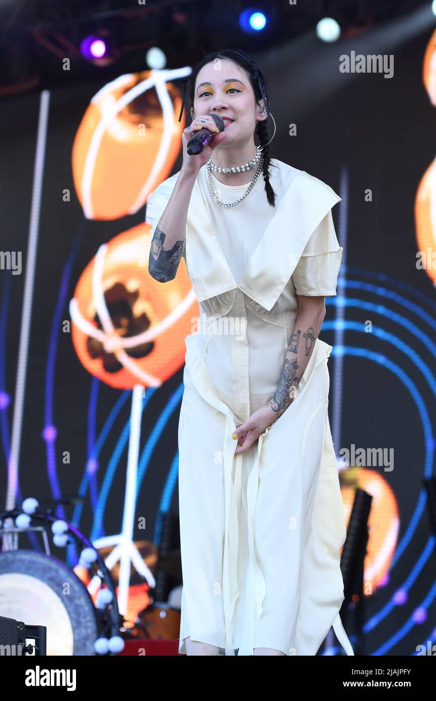 Singer, musician, director, and author Michelle Zauner is shown performing on stage during a live concert appearance with Japanese Breakfast at the Boston Calling music festival in Allston, Massachusetts on May 29, 2022. Stock Photo