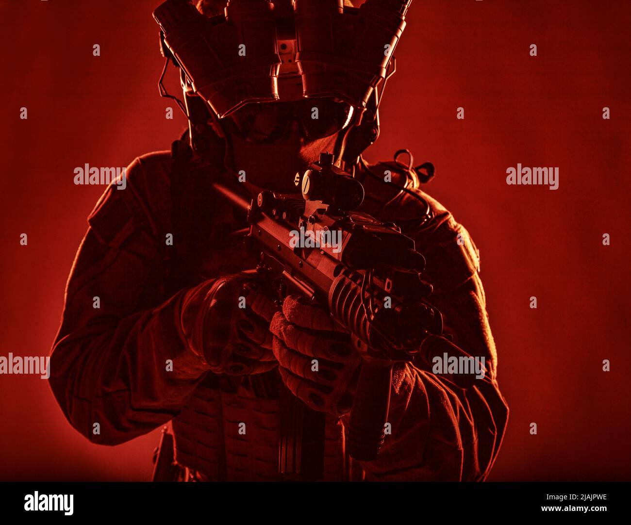 Special operations forces soldier with night vision device on helmet