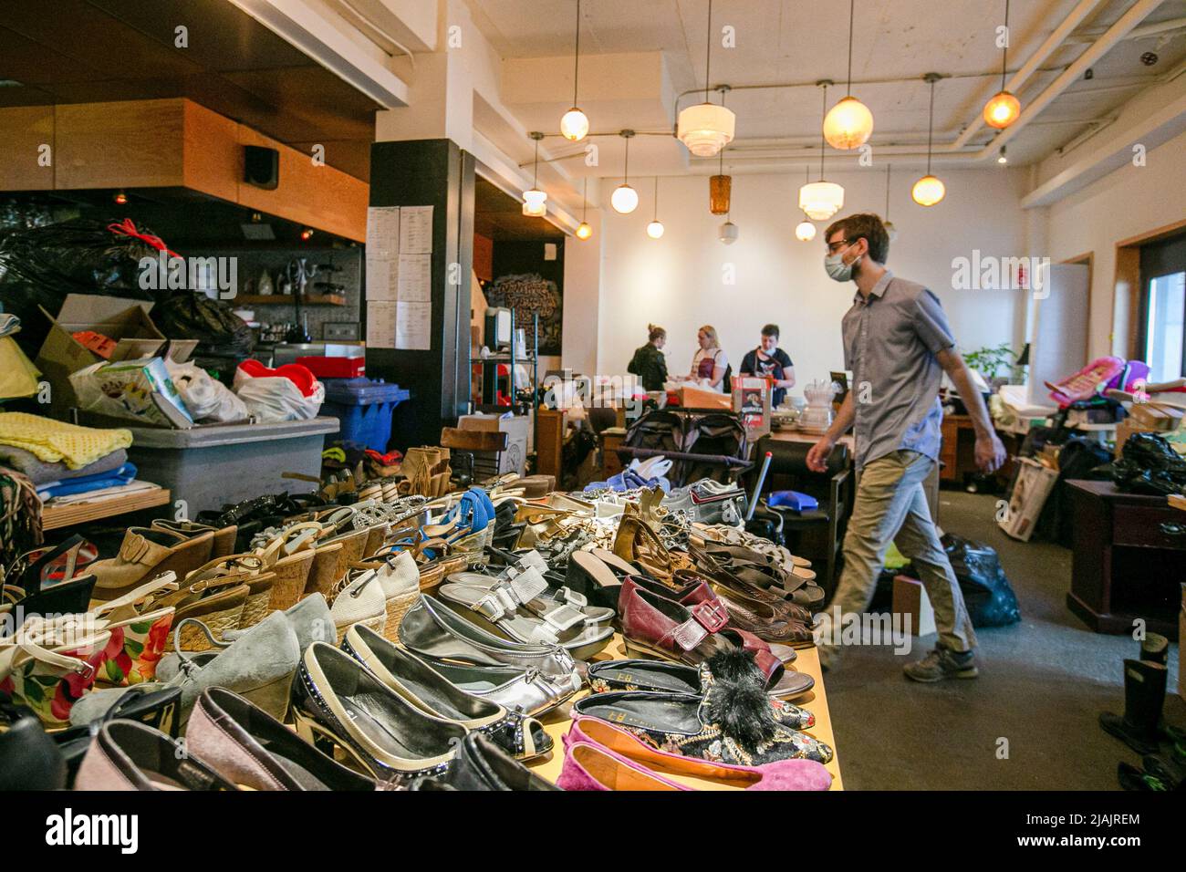 May 10, 2022, Montreal, Quebec, Canada Volunteers help organizing donations. As the war in