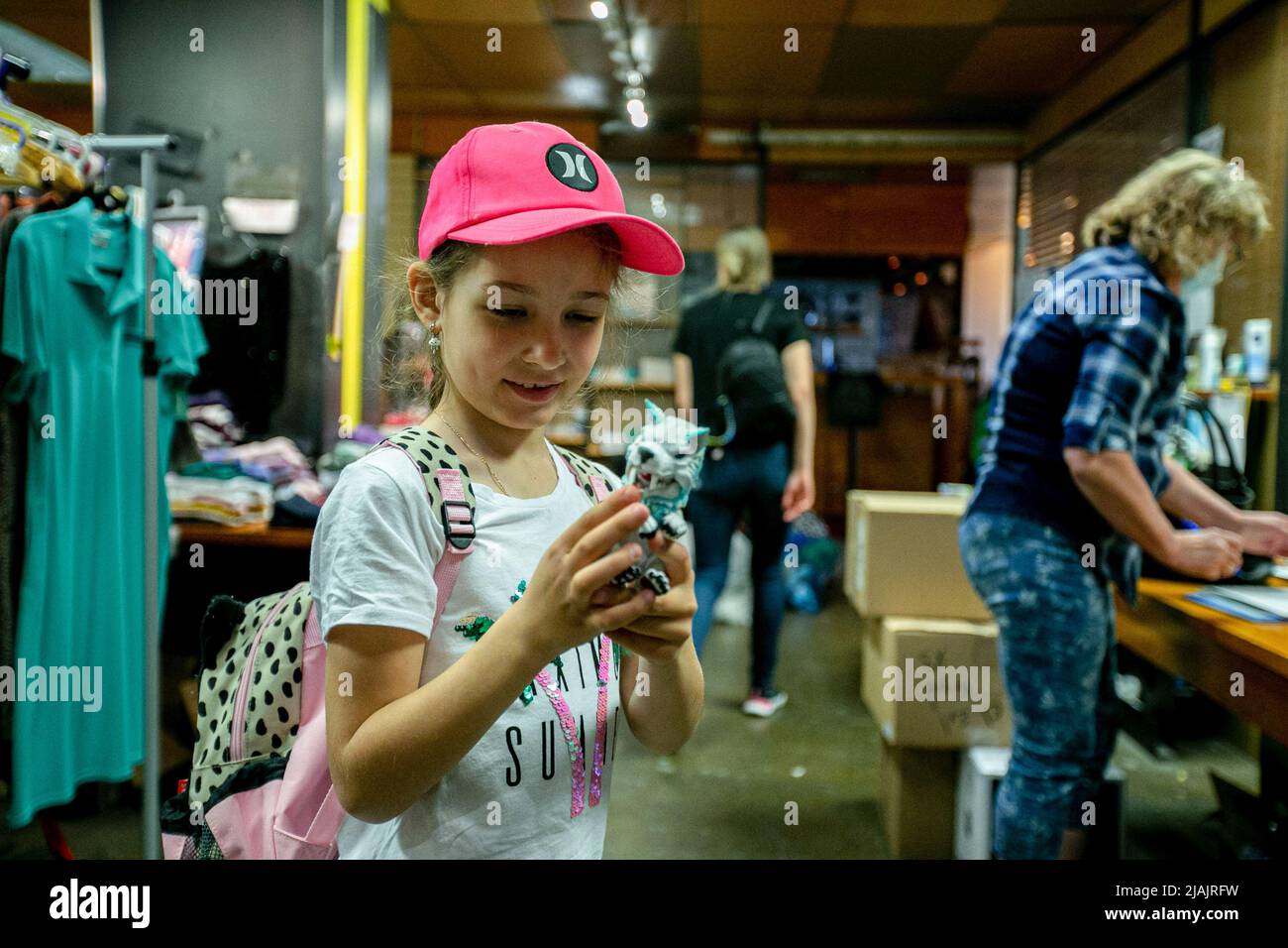 May 10, 2022, Montreal, Quebec, Canada Pauline Sydorenko, 7years old, plays with a toy. As the