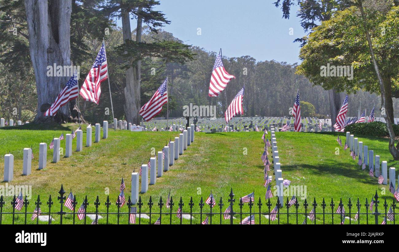 graves flags flying at san francisco presido military cemetary on