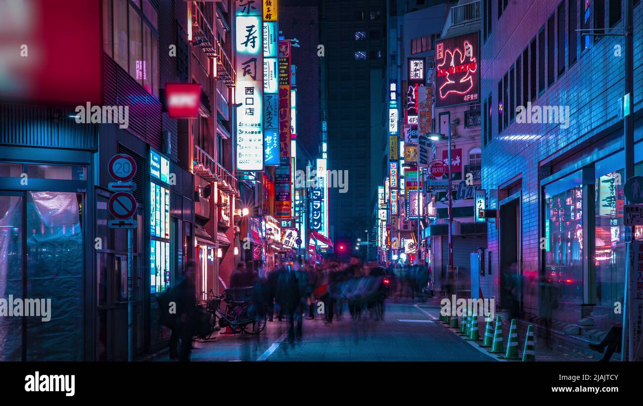 A night timelapse of the neon street at the downtown in Shinjuku Tokyo ...