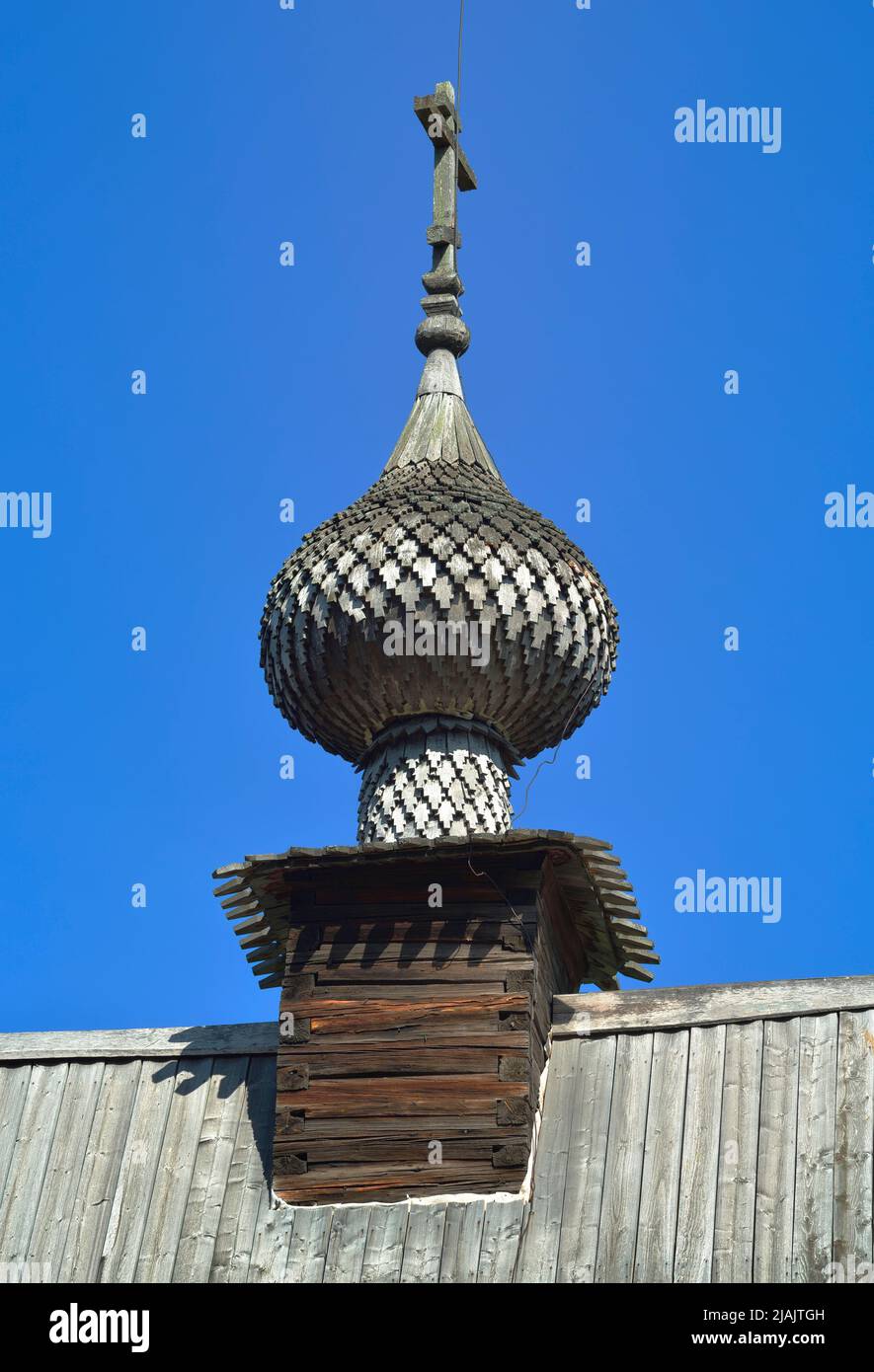 Spasskaya wooden Orthodox Church. The onion dome with a cross is a ...