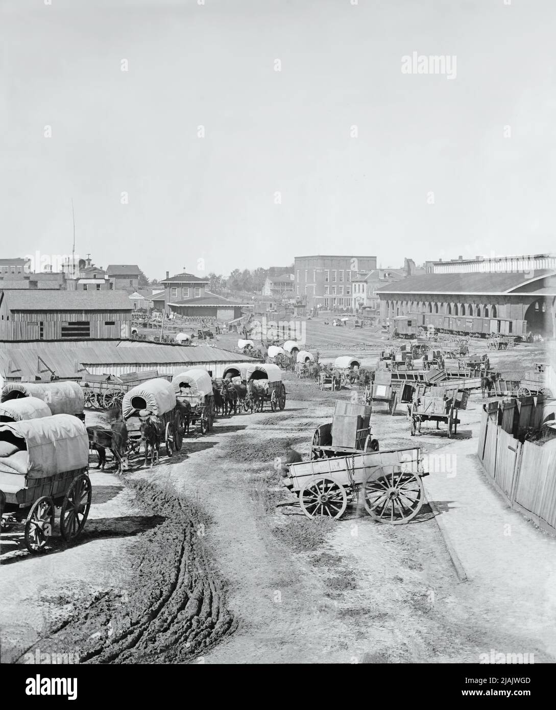 Atlanta, Georgia Railroad Depot Federal Army Wagon Train,1864 Stock Photo