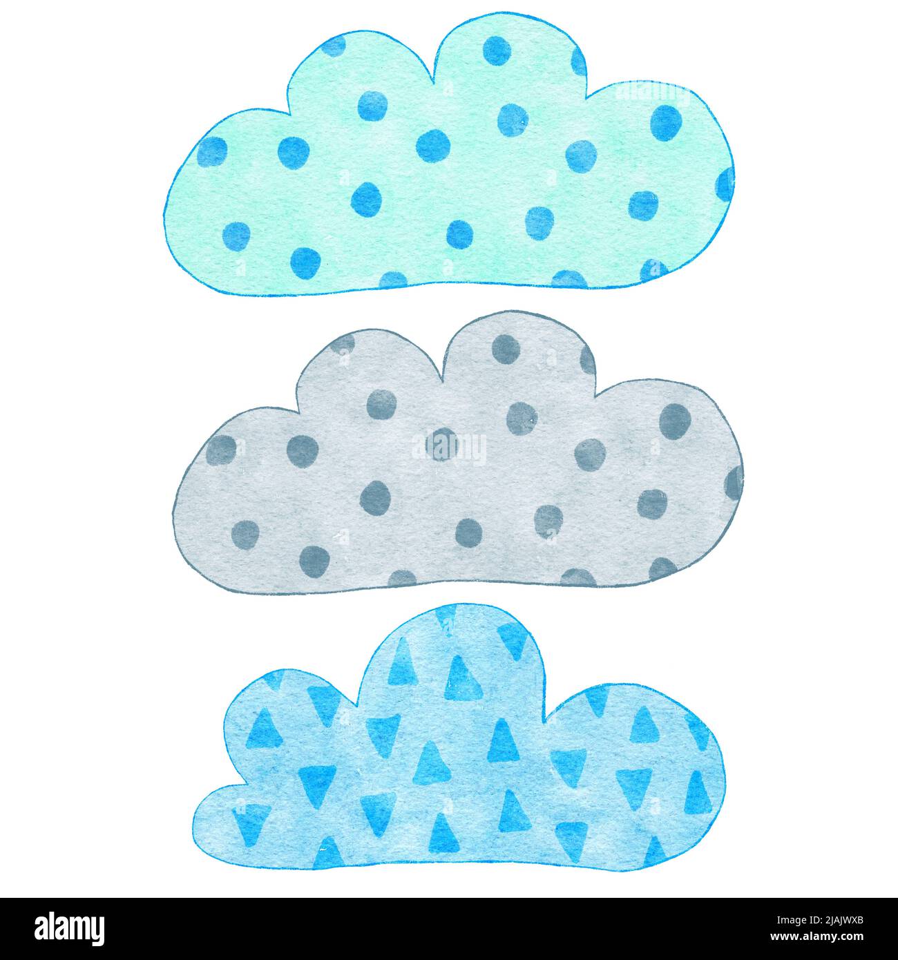 Watercolor hand drawn illustration of blue gray cute clouds. Boy baby shower design for invitations greeting party, nursery clipart is soft pastelcolors modern minimalist print for kids children Stock Photo