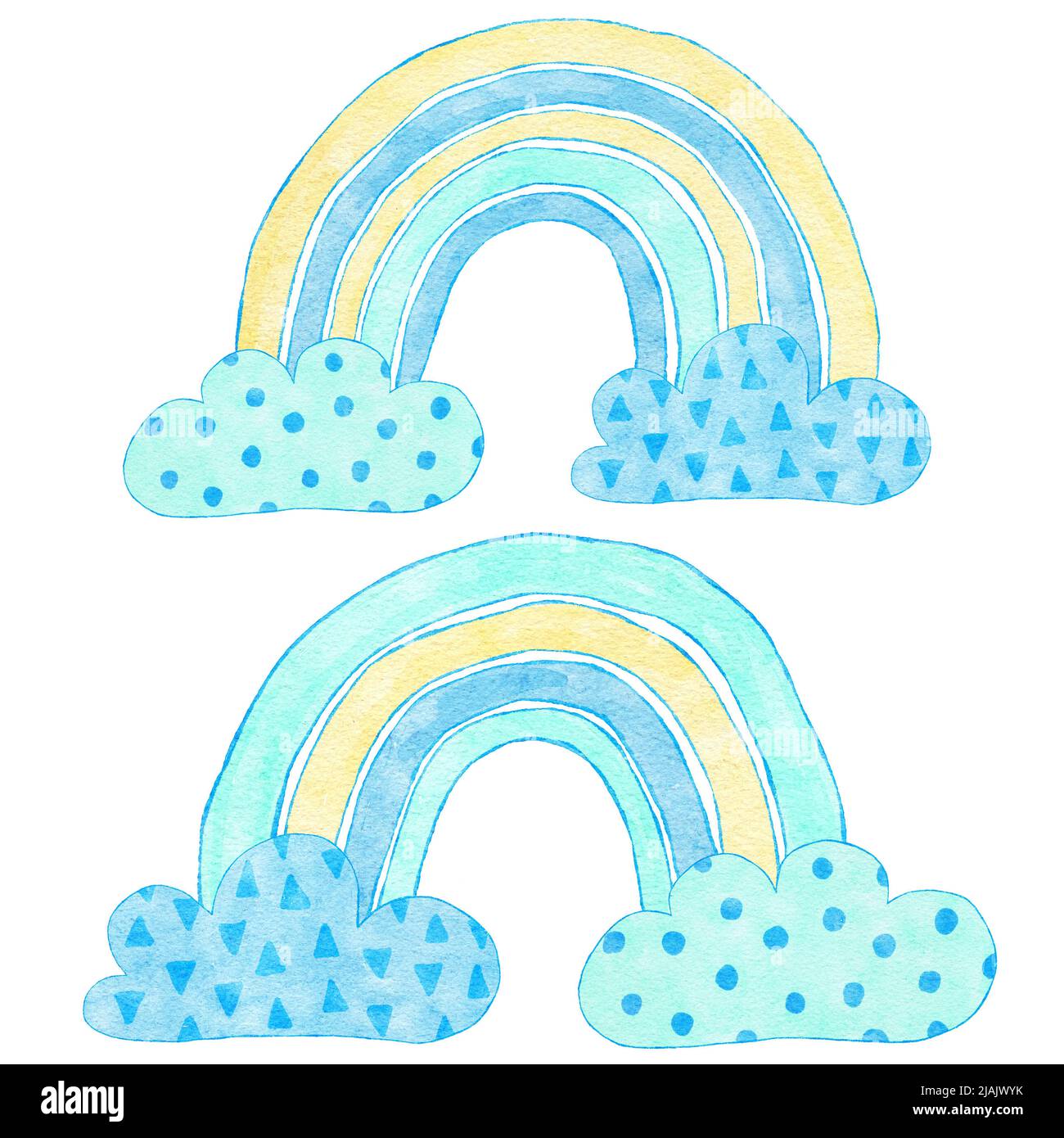 Watercolor hand drawn illustration of blue yellow rainbows in clouds. Boy baby shower design for invitations greeting party, nursery clipart is soft pastelcolors modern minimalist print for kids children Stock Photo