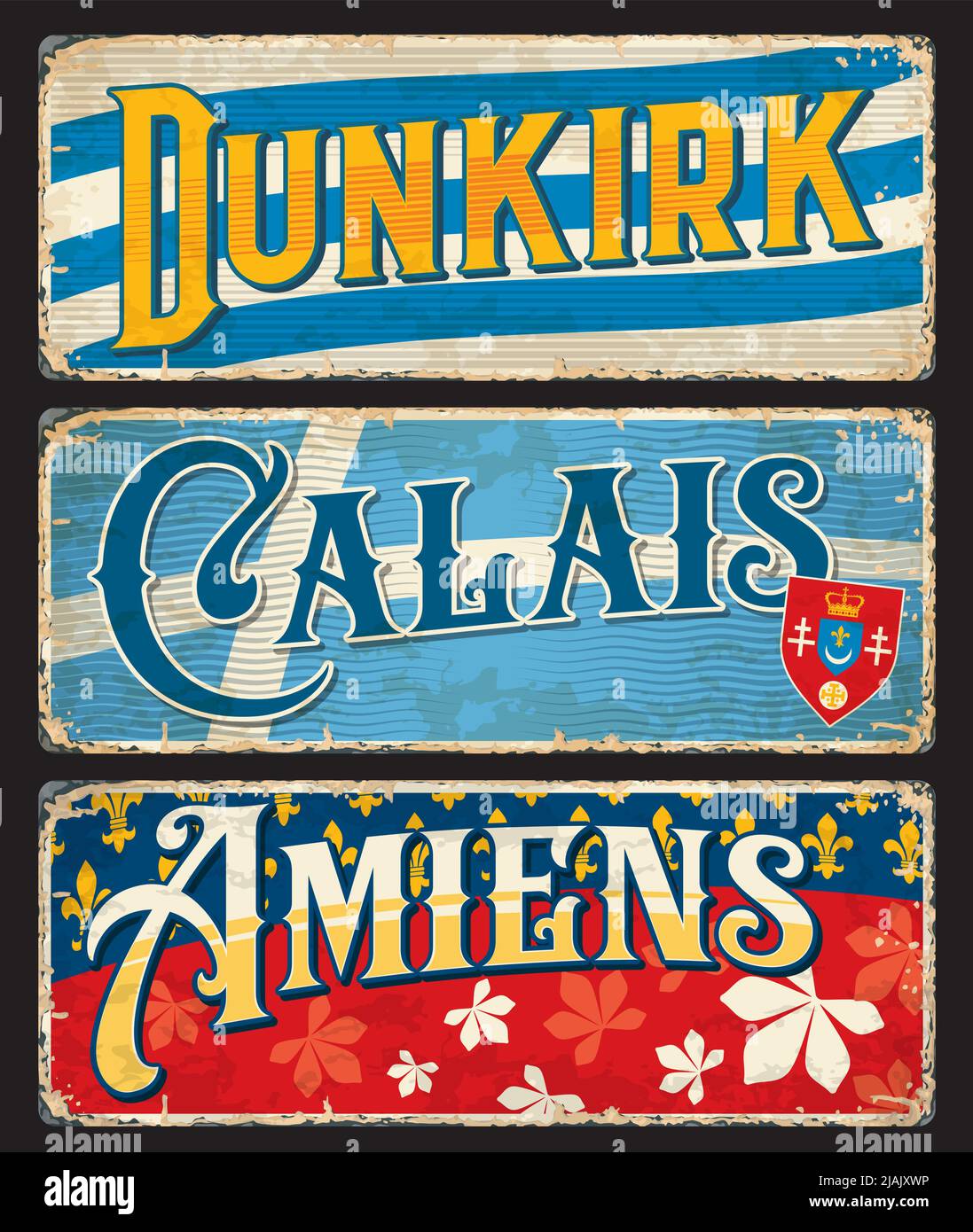 Dunkirk, Calais, Amiens French city travel stickers and plates, vector luggage tags. France cities landmarks on tin signs and grunge plates with state flags, symbols and emblems Stock Vector