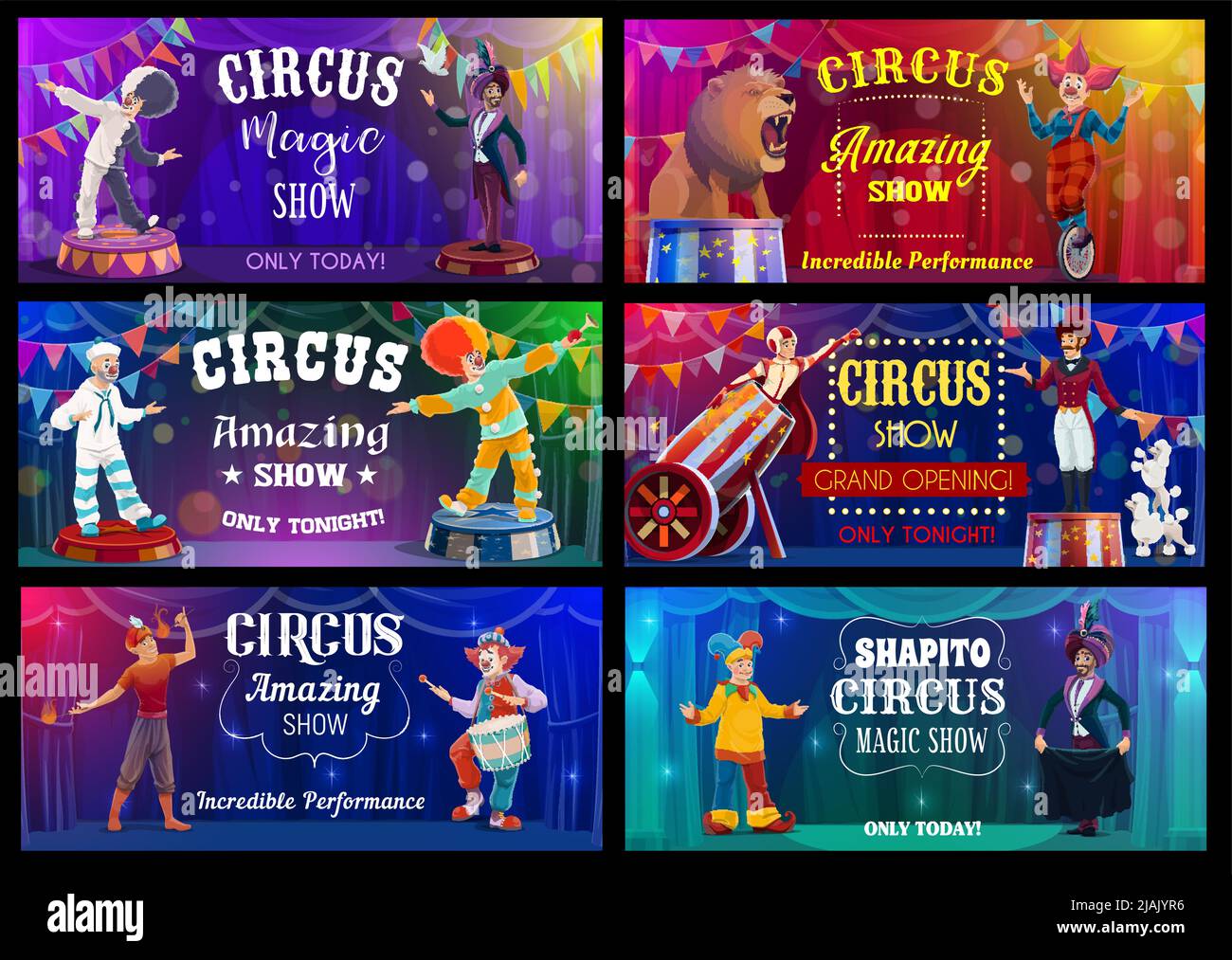 Shapito circus cartoon performers characters and clowns vector posters ...