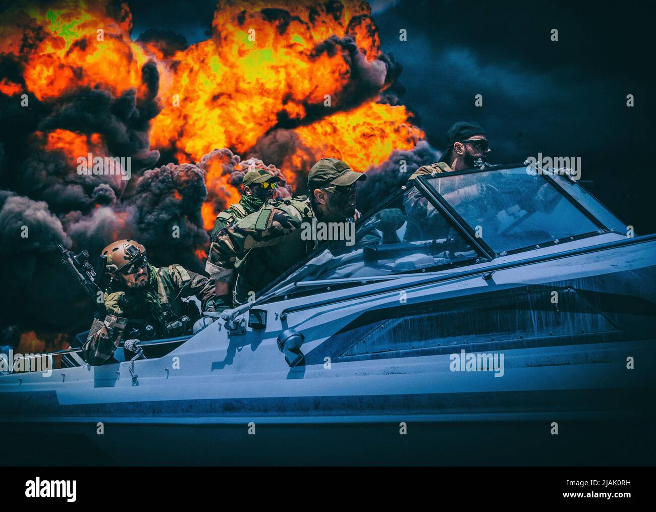 Navy SEALs breaking through enemy fire on a boat, with black smoke in background. Stock Photo