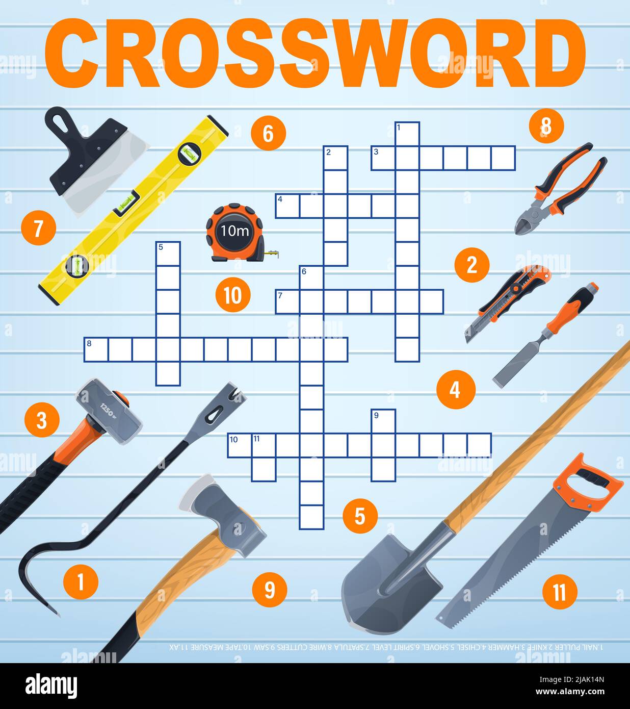 DIY repair tools, crossword grid to find word, vector quiz game riddle.  Crossword worksheet to guess words of nail puller, knife and hammer,  woodwork chisel and carpentry shovel with spatula and saw