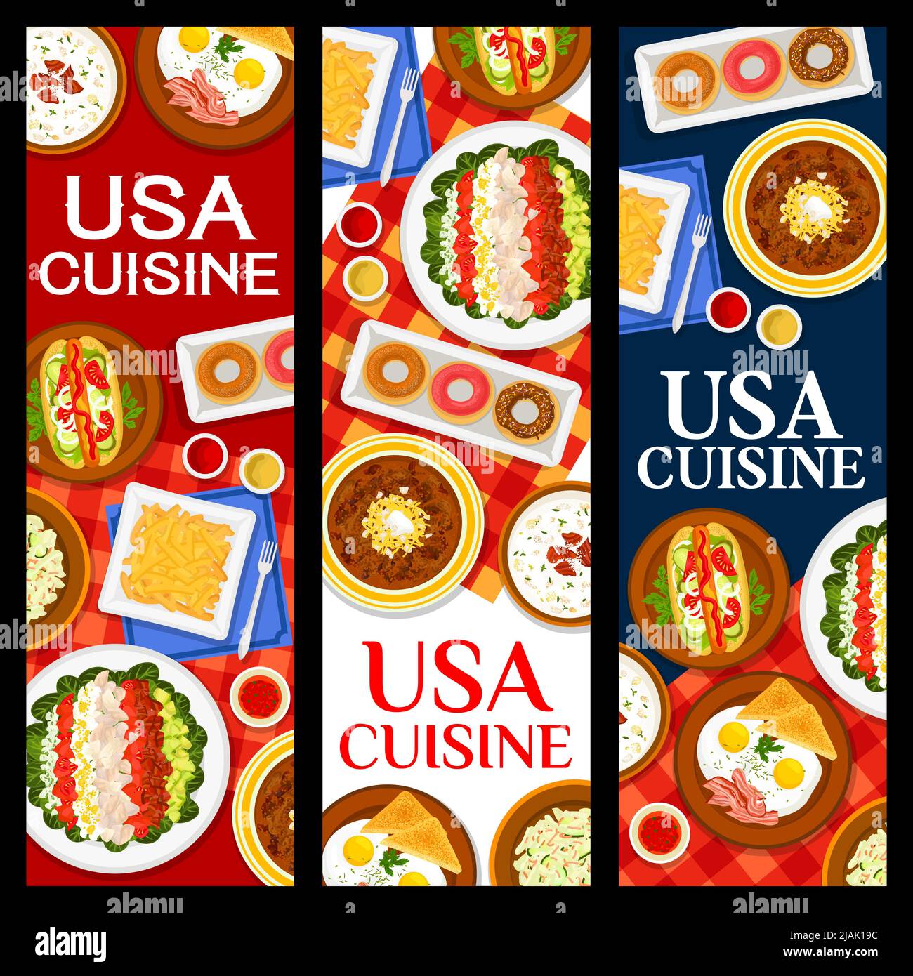 USA cuisine banners with food dishes, American restaurant menu meals ...