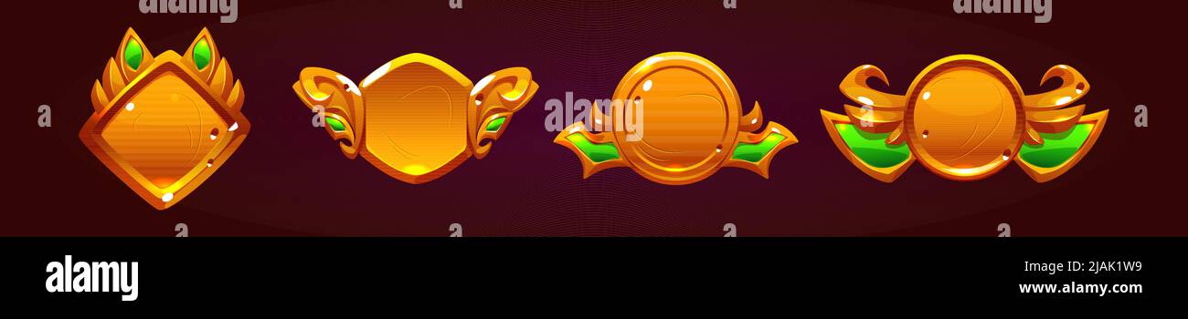 Golden game buttons with fantasy frames, achievement badges isolated on ...