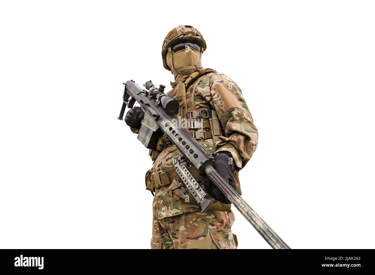 Armored special forces sniper with rifle, isolated on white background. Stock Photo