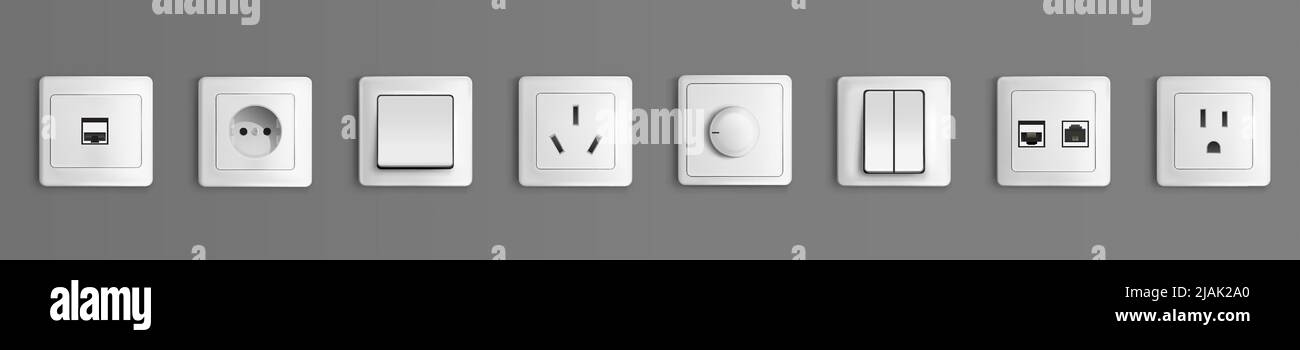 Electric sockets and switches on wall. Vector realistic set of 3d ...