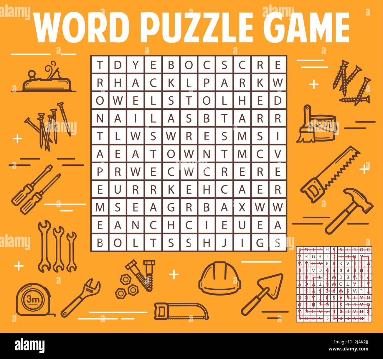 DIY and construction tools word search puzzle game worksheet. Child