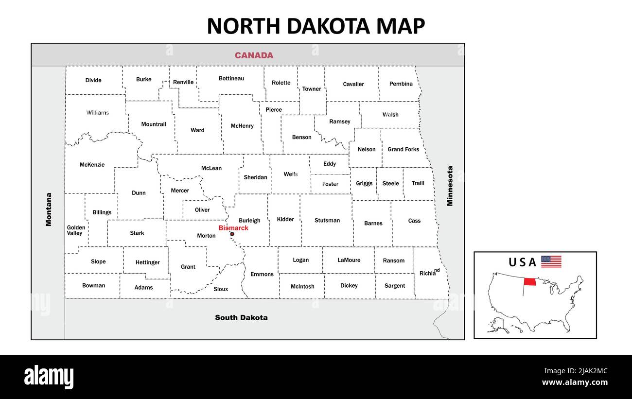North Dakota Map. District map of North Dakota in District map of North Dakota in color with capital. Stock Vector