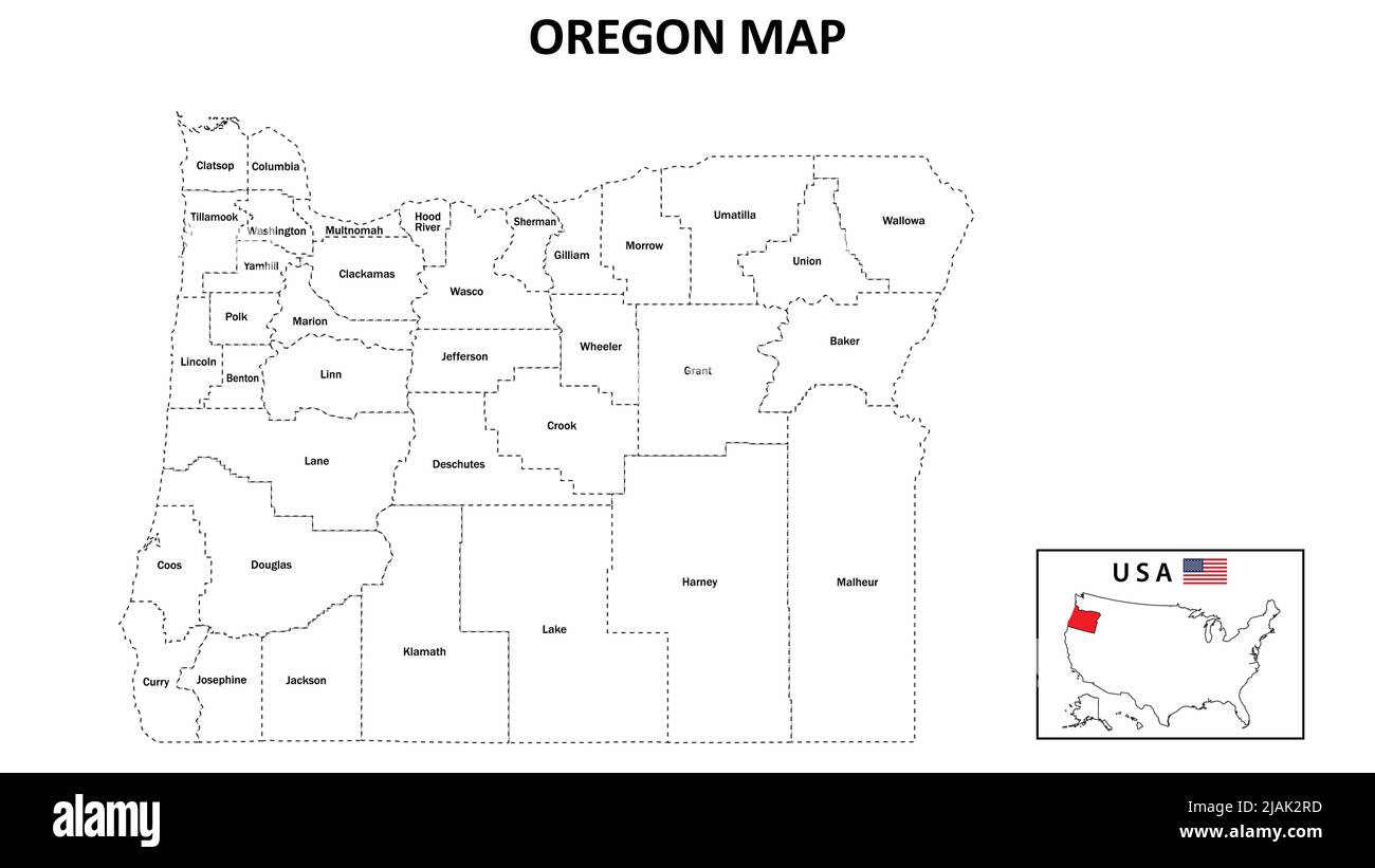 Oregon Map. State and district map of Oregon. Political map of Oregon with neighboring countries