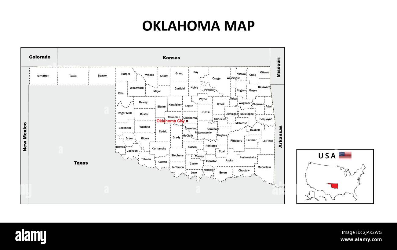 Oklahoma Map. State and district map of Oklahoma. Political map of Oklahoma with neighboring countries and borders. Stock Vector