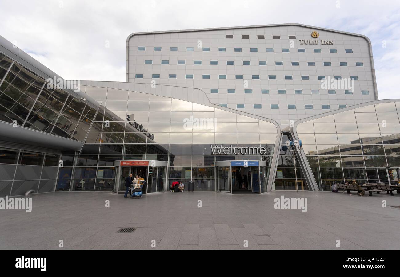 Eindhoven Airport terminal building from outside and Tulip inn hotel Stock Photo