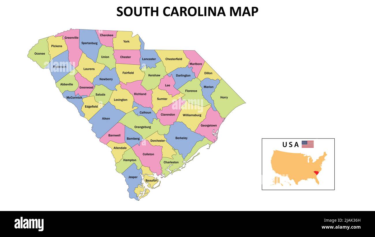 South Carolina Map. District map of South Carolina in District map of South Carolina in color with capital. Stock Vector