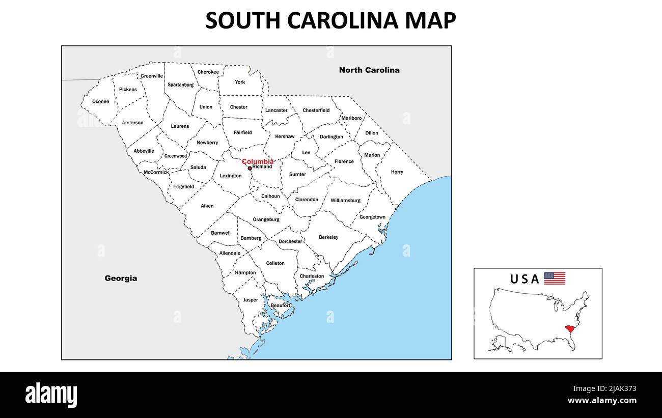 South Carolina Map. Political map of South Carolina with boundaries in white color. Stock Vector