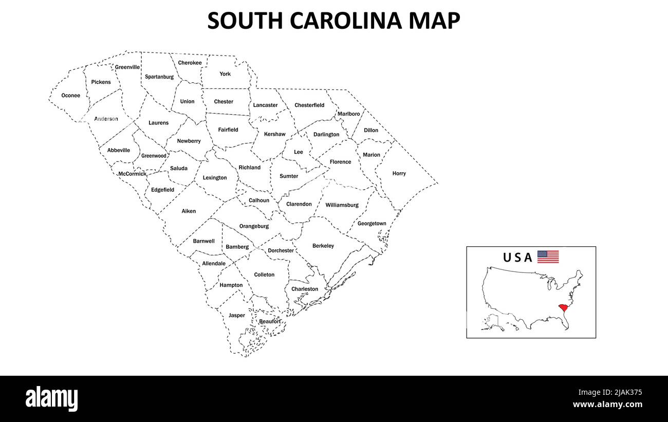 South Carolina Map. State and district map of South Carolina. Administrative map of South Carolina with district and capital in white color. Stock Vector