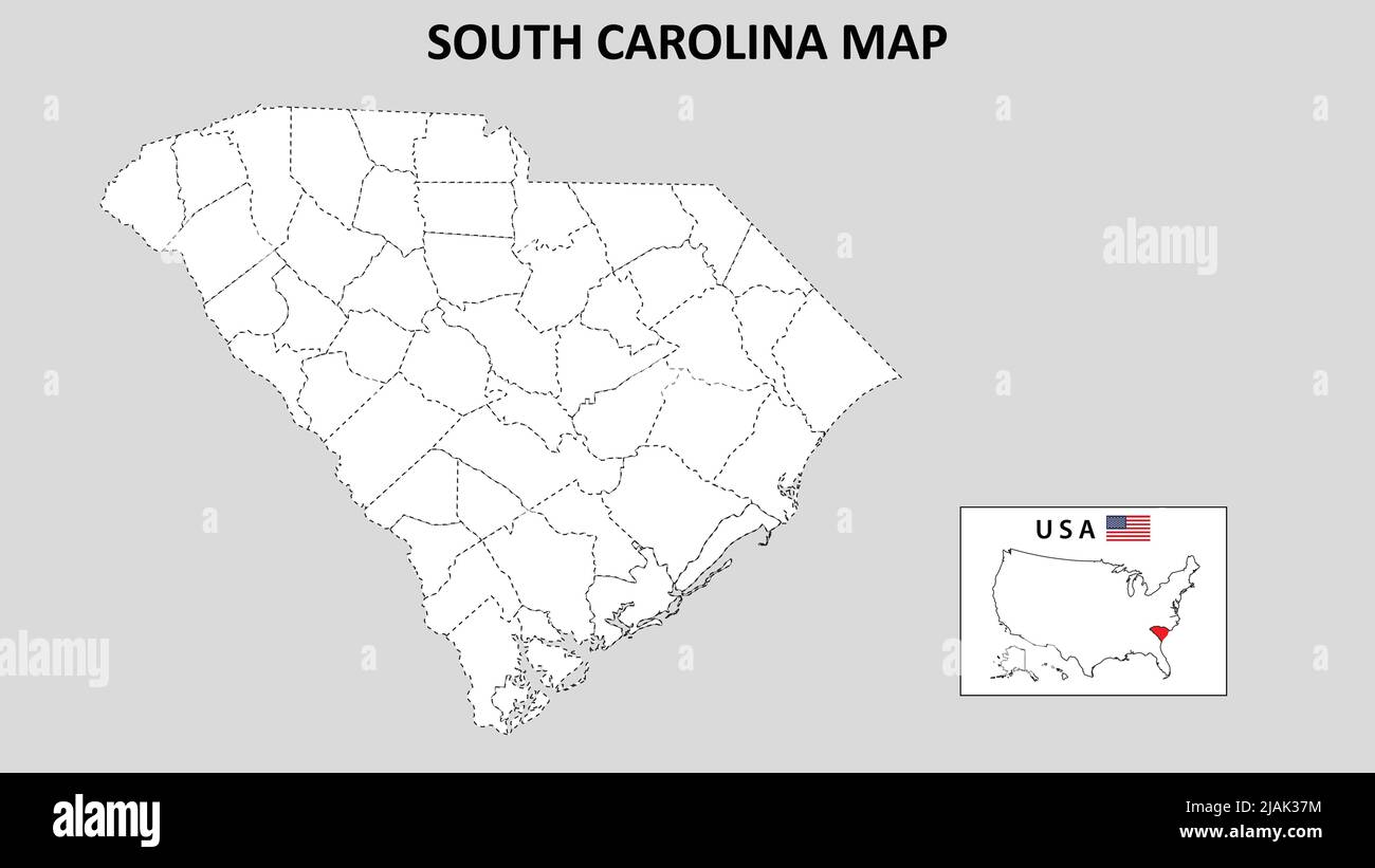 South Carolina Map. State and district map of South Carolina. Political map of South Carolina with outline and black and white design. Stock Vector