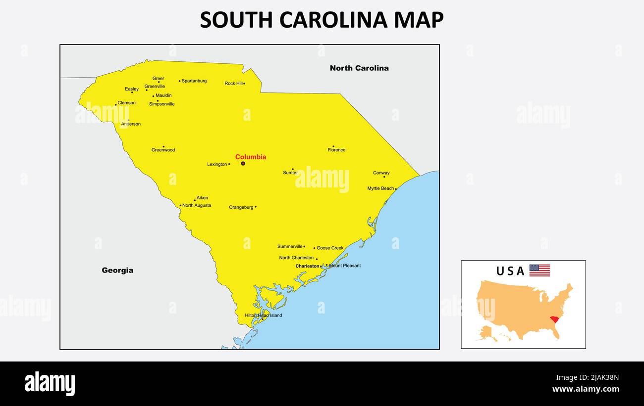 South Carolina Map. State and district map of South Carolina. Political map of South Carolina with the major district Stock Vector
