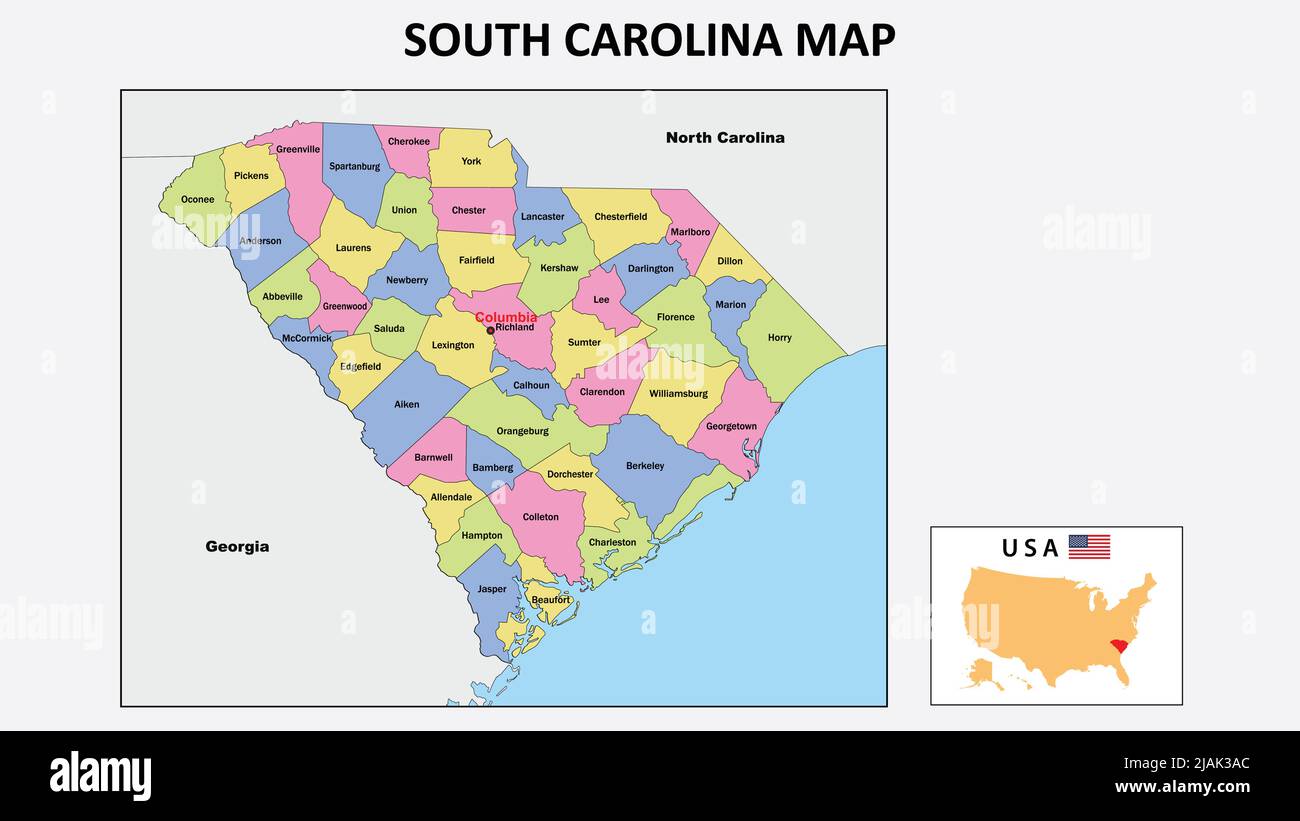 South Carolina Map. State and district map of South Carolina. Political map of South Carolina with neighboring countries and borders. Stock Vector