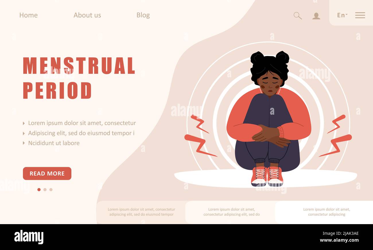 Menstrual Period Landing Page Template Sad African Woman With Abdominal Cramps Or Pms Symptoms