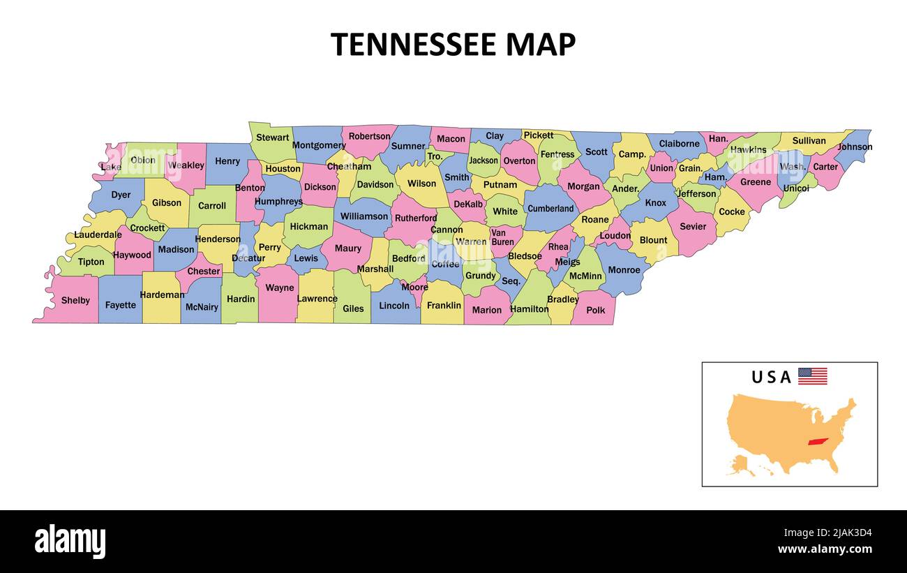 Tennessee Map. State and district map of Tennessee. Political map of Tennessee with neighboring countries and borders. Stock Vector
