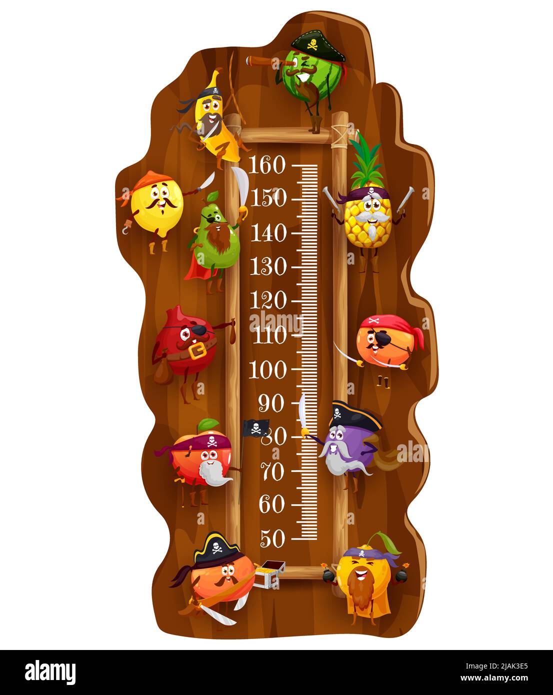 Kids height chart. Cartoon pirates and corsair fruits, vector growth meter. Kids height measure scale with pineapple, orange and banana, plum, pear, watermelon and garnett in tricorne hats Stock Vector