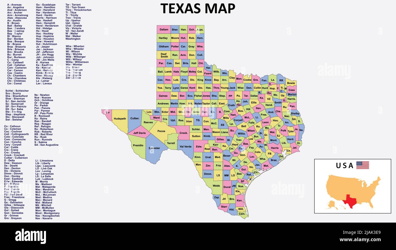 Texas Map. District map of Texas in District map of Texas in color with capital. Stock Vector