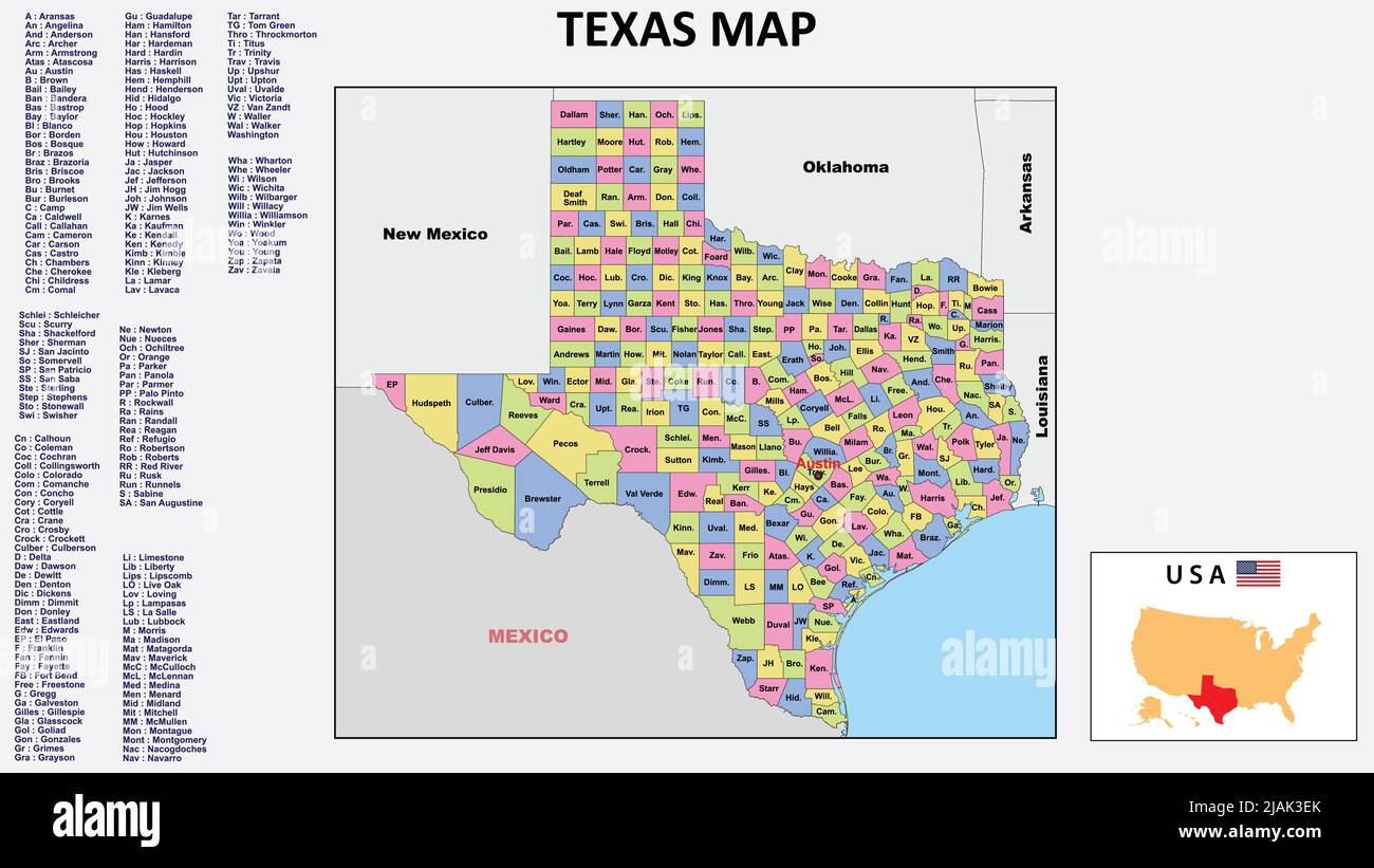 Texas Map. State and district map of Texas. Political map of Texas with neighboring countries and borders. Stock Vector