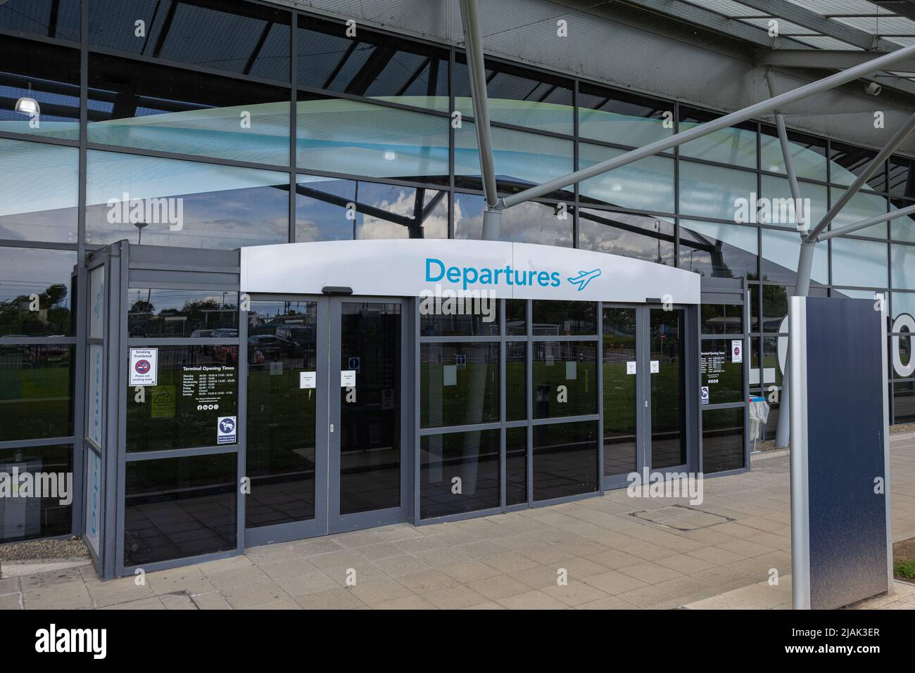 Departures door at London Southend Airport (SEN) terminal in the UK Stock Photo
