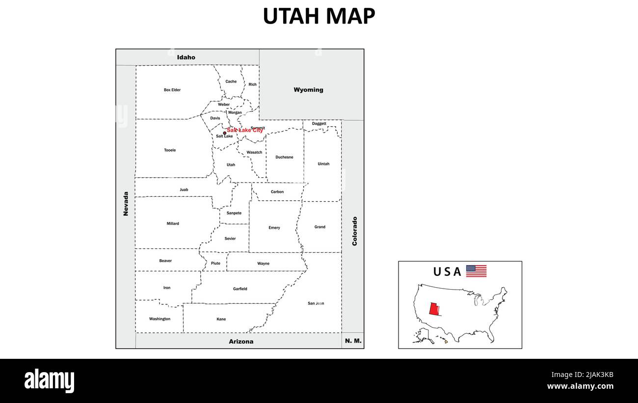 Utah Map. District map of Utah in District map of Utah. color with capital. Stock Vector