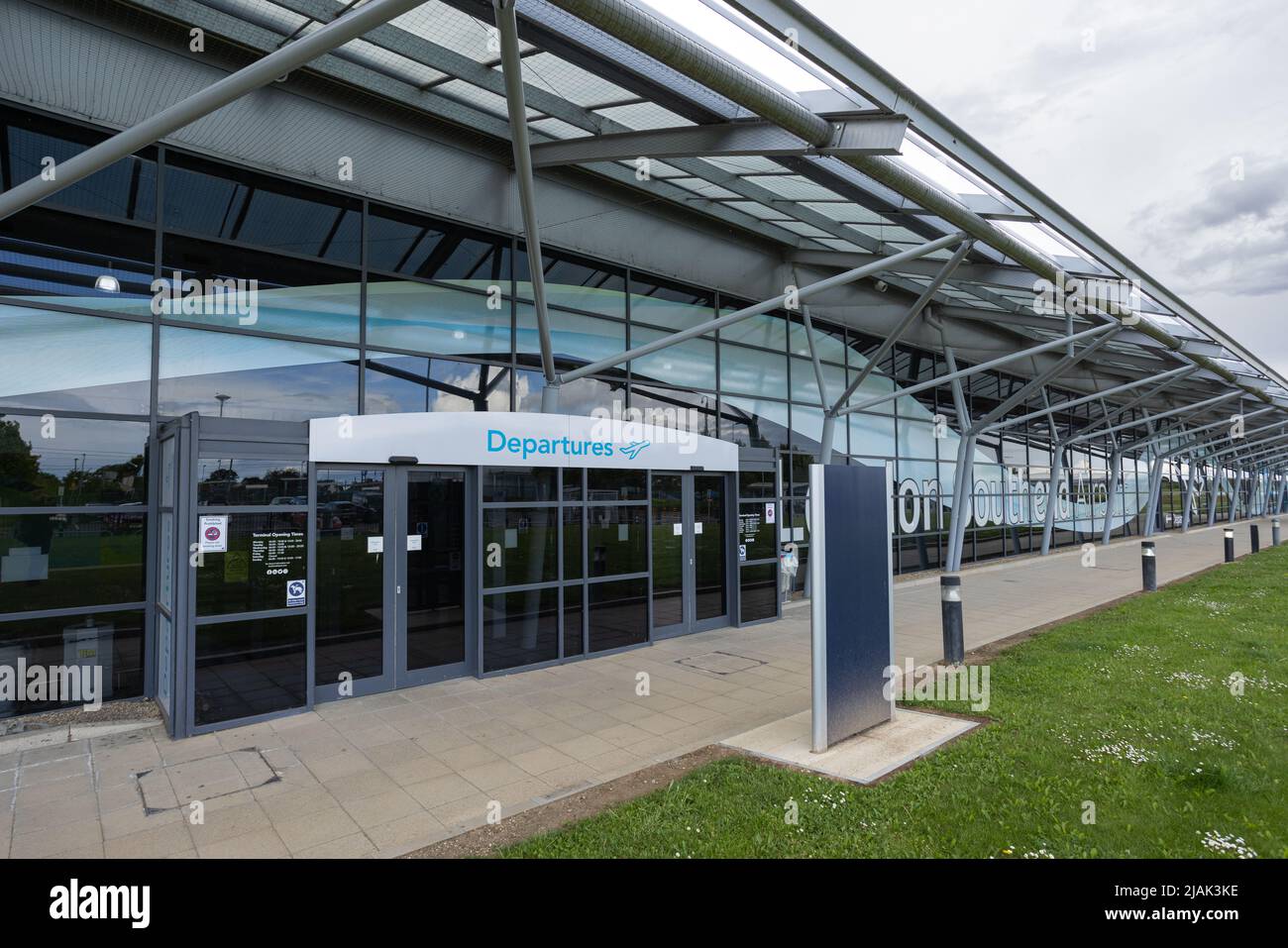 Departures glass door at London Southend Airport (SEN) terminal in the UK Stock Photo