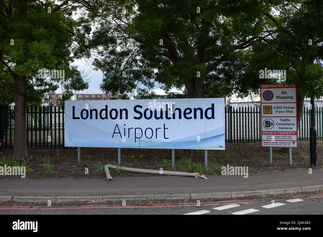 London Southend airport (SEN) and Restricted area no stopping sign by the road Stock Photo