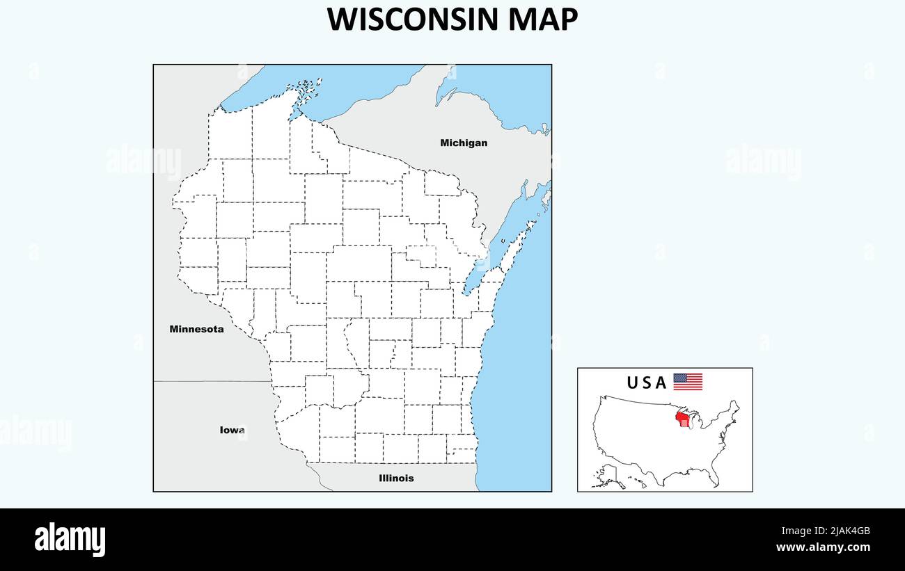 Wisconsin Map. Political map of Wisconsin with boundaries in Outline. Stock Vector